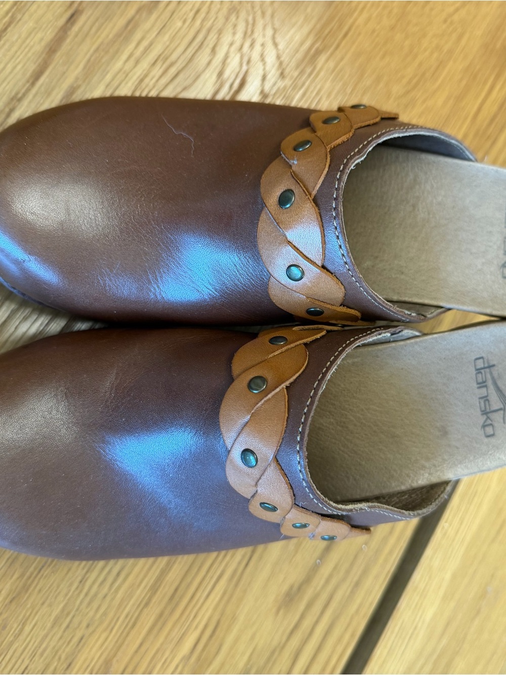 Dansko Brown Leather Slip-On Loafers with Tan Braided Trim